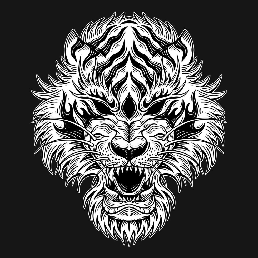 arte oscuro cabeza de tigre bestia estilo de eclosión dibujado a mano vector