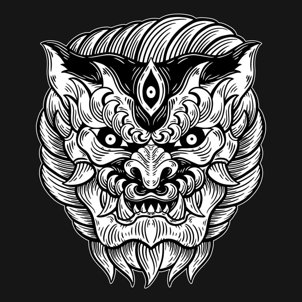 Dark Art Chinese Lion Head Beast Hand Drawn Hatching Style vector