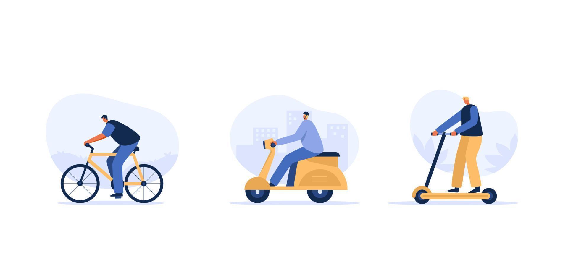 joven en bicicleta, scooter eléctrico, motocicleta. ilustración de personaje plano vector