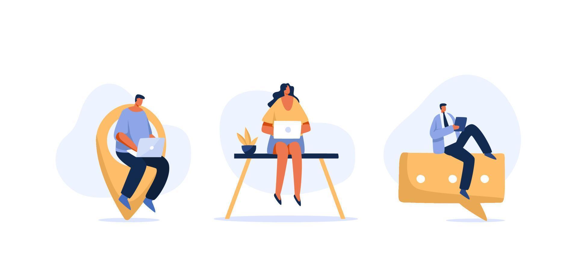 New working lifestyle. Working style of male and female employees with laptops. Work off site, responding to chatboxes. flat character illustration. vector