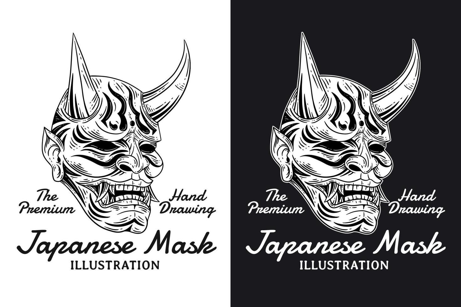 Set Skull Dark Art Japanese Mask Devil Demon Hand Drawn Engraving Style vector