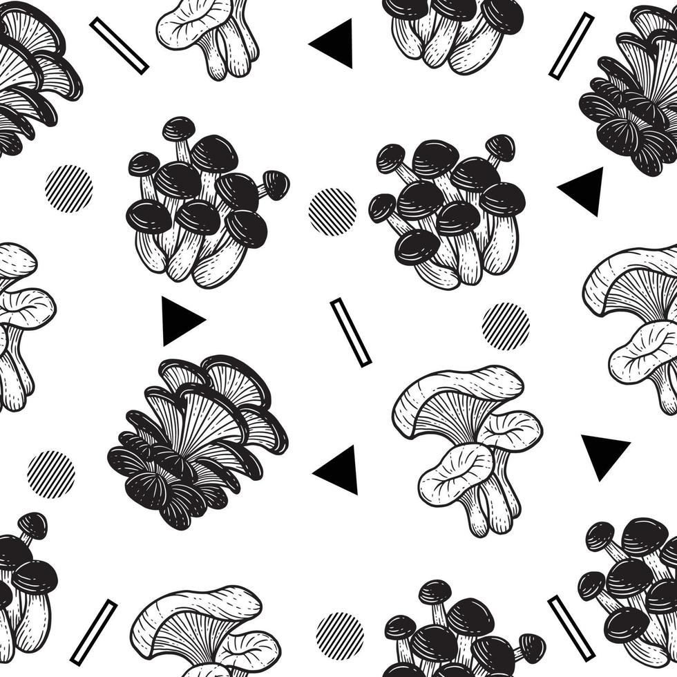 Black and White Set Mushroom Healthy Food Engraved Hand Drawn Random Black Object Outline illustration White. vector
