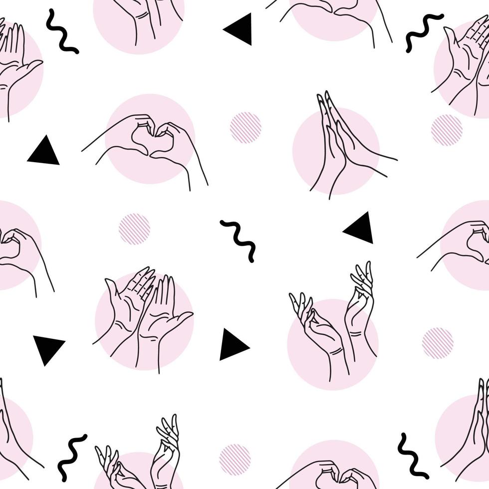 Women Girl Hand Love Gesture with Abstract Black and Pink Object Hearth Flat Line Art Illustration White. vector