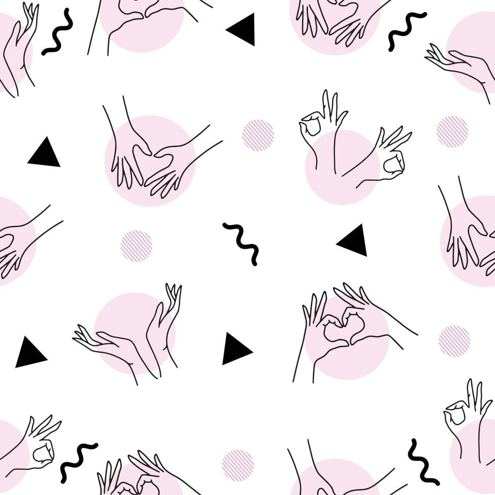 Women Girl Hand Love Gesture with Abstract Black and Pink Object Hearth Flat Line Art Illustration White. vector