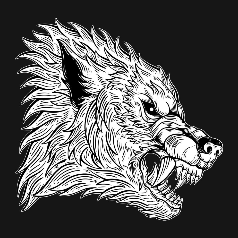 Dark Art Wolf Head Beast Hand Drawn Hatching Style vector