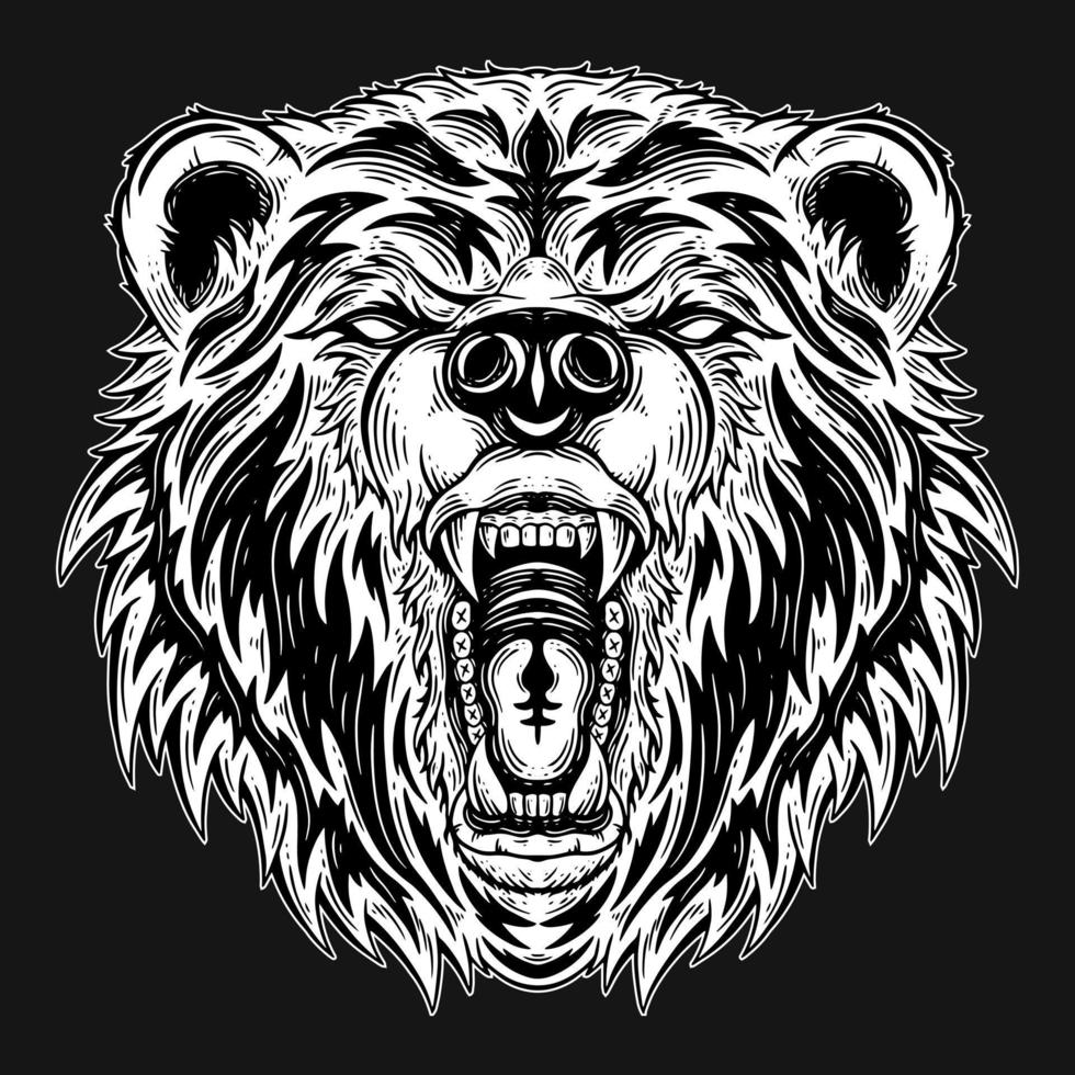 Dark Art Bear Head Beast Hand Drawn Hatching Style vector