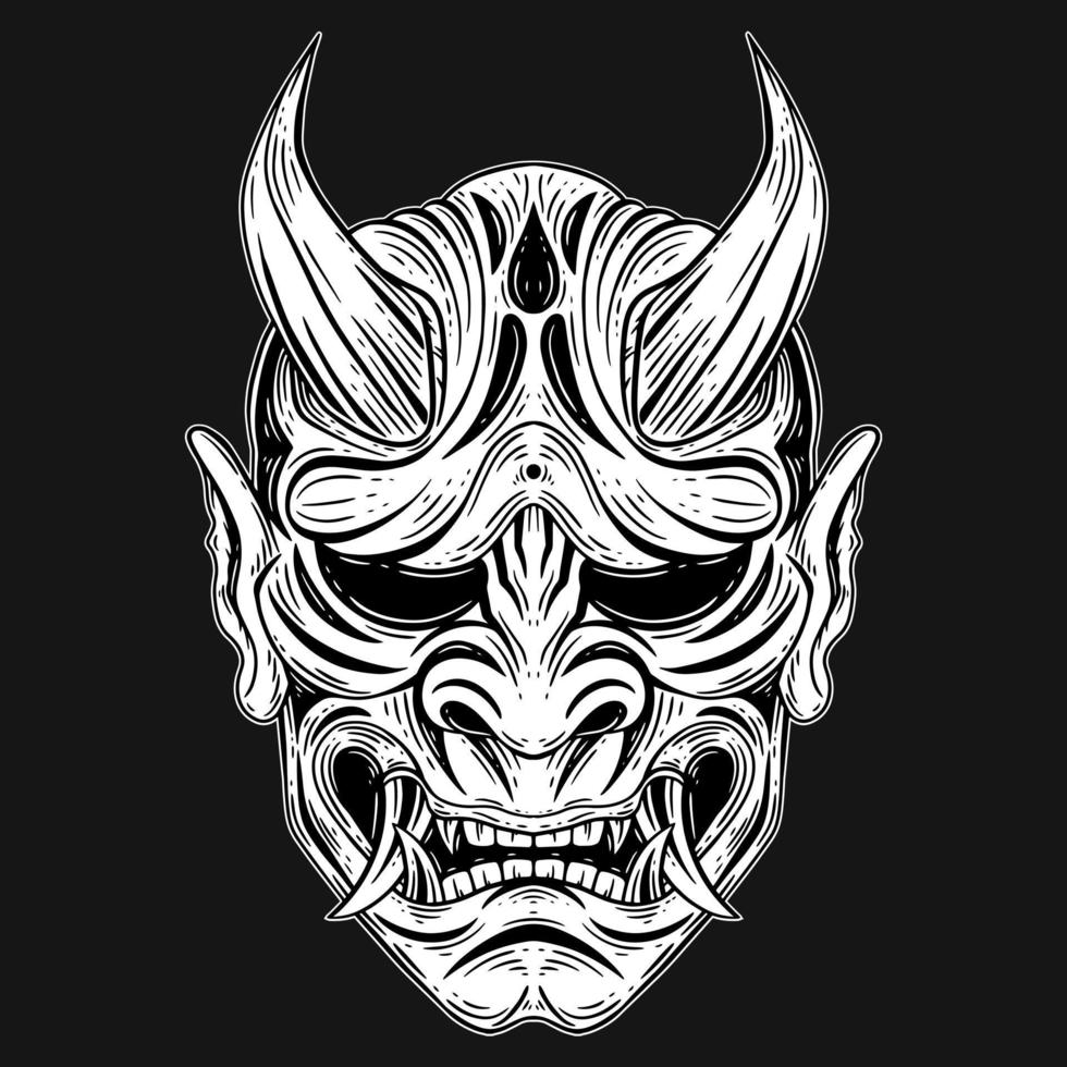 Dark Art Japanese Devil Oni Mask Tattoo Hand Drawn Engraving Style vector