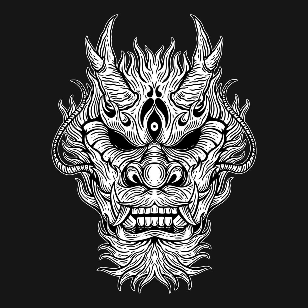 Dark Art Dragon Head Skull Hand Drawn Hatching Style vector