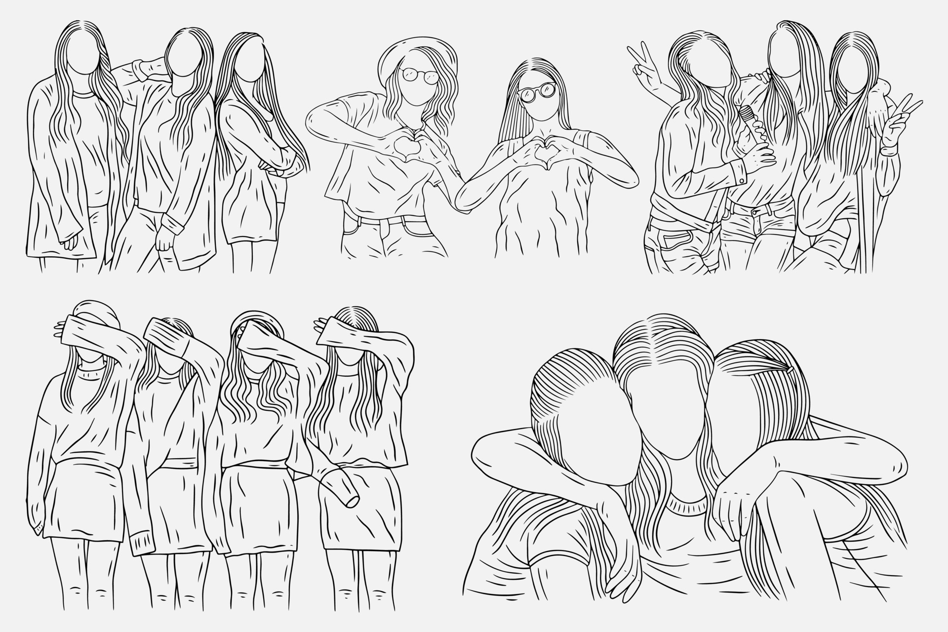 Set Bundle Happy Women and Girl Best Friend Group Line Art 9750877