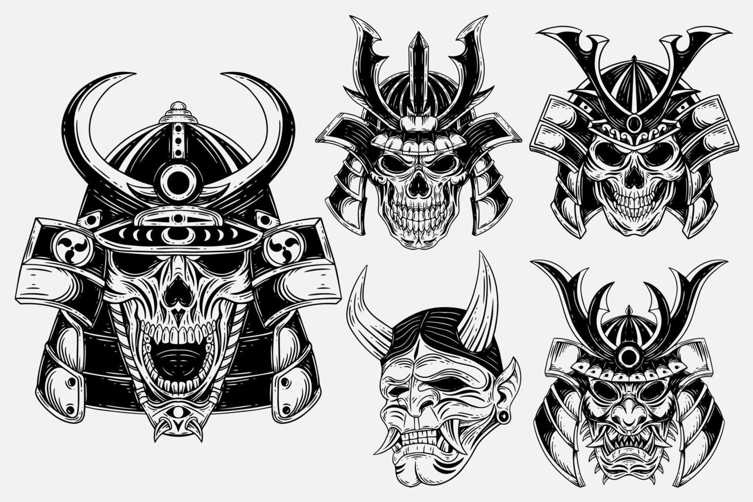 conjunto paquete arte oscuro japonés muerte guerrero cráneo tatuaje dibujado a mano estilo grabado vector