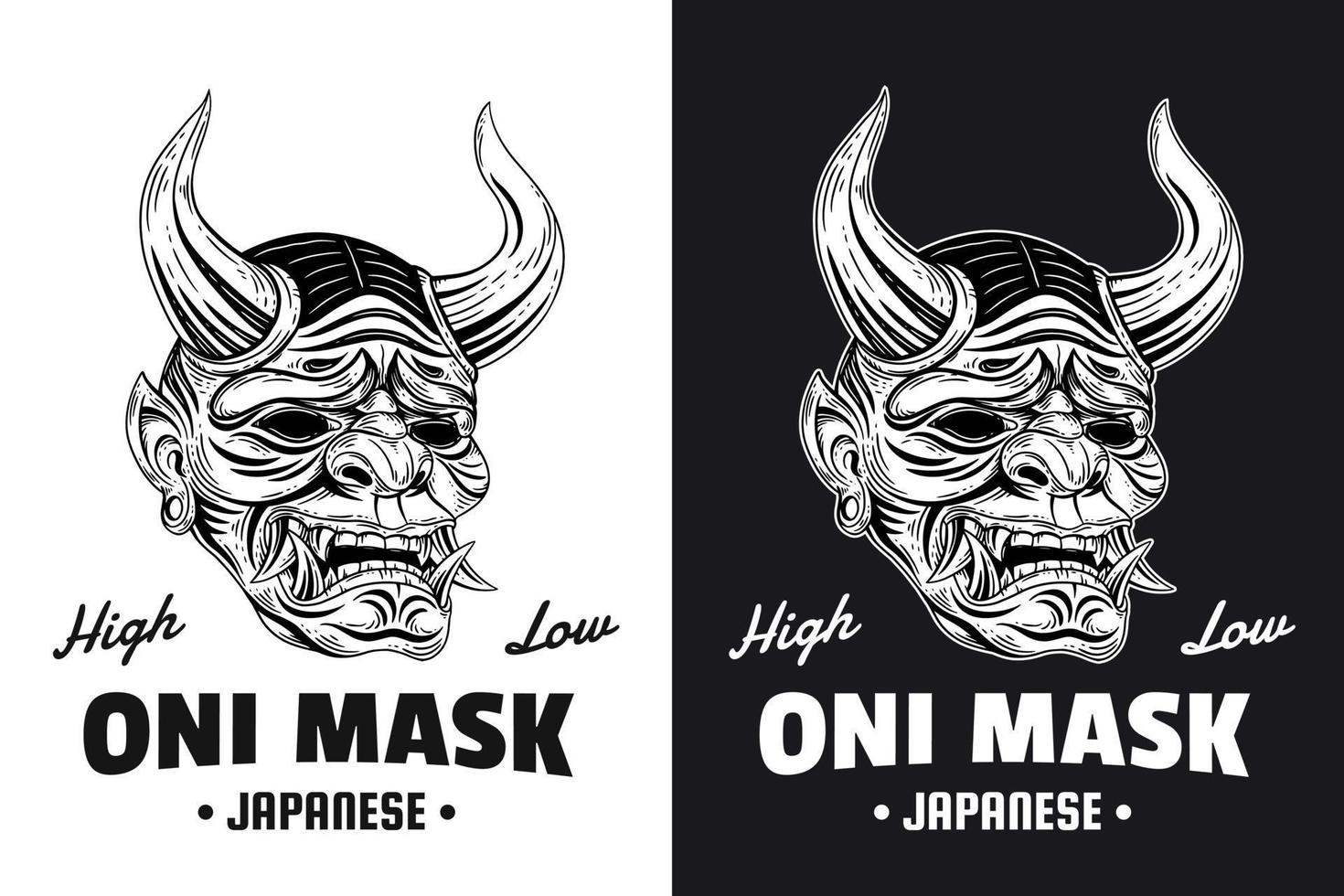 Set Skull Dark Art Japanese Mask Devil Demon Hand Drawn Engraving Style vector