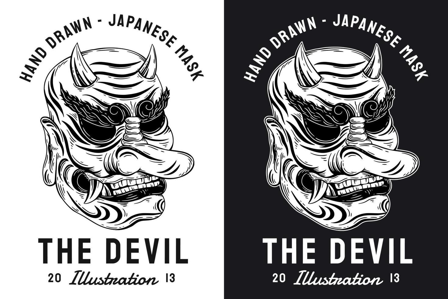 Set Skull Dark Art Japanese Mask Devil Demon Hand Drawn Engraving Style vector