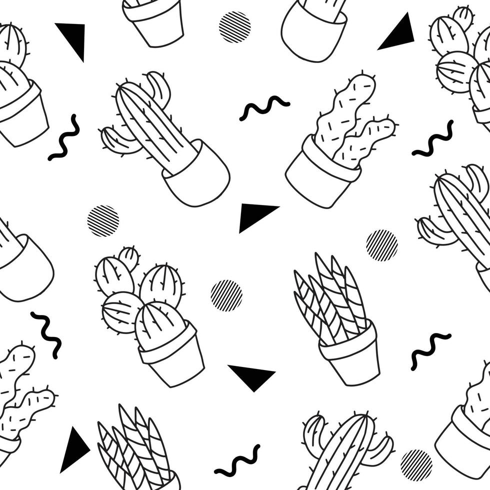 black stroke succulents cactus in pots set outline random black object illustration white. vector