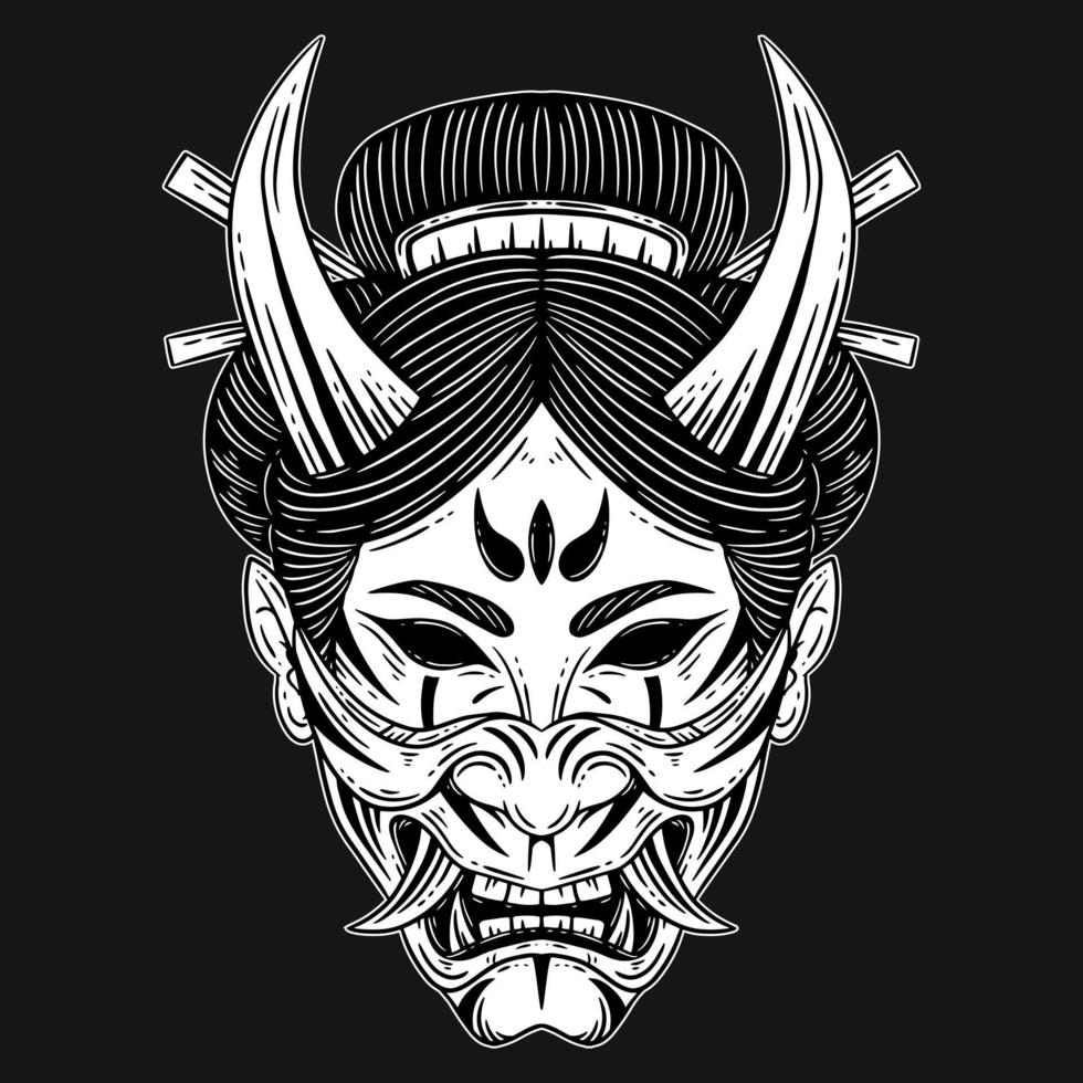 Dark Art Horror Japanese Geisha Girl With Devil Mask Face Tattoo Hand Drawn Engraving Style vector