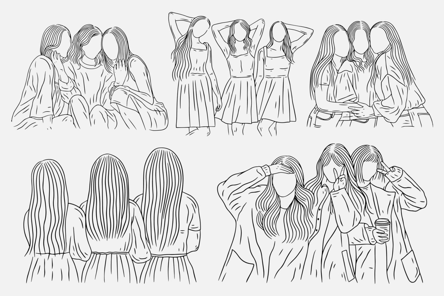 Set Bundle Happy Women and Girl Best Friend Group Line Art vector