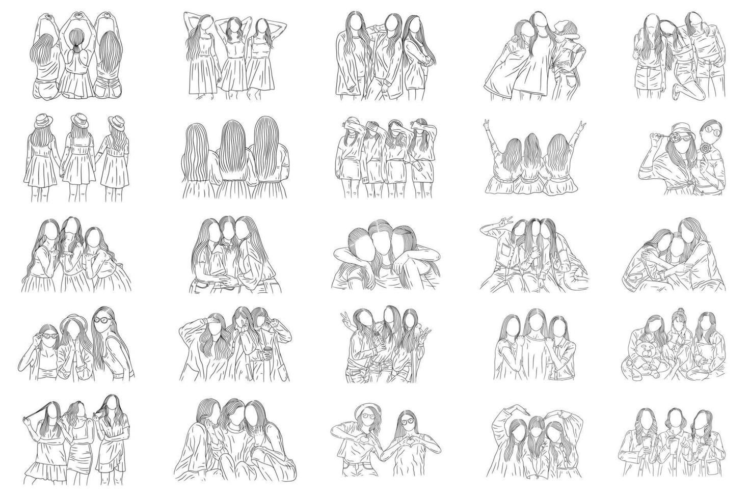 Set Mega Bundle Happy Women and Girl Best Friends Group Line Art vector