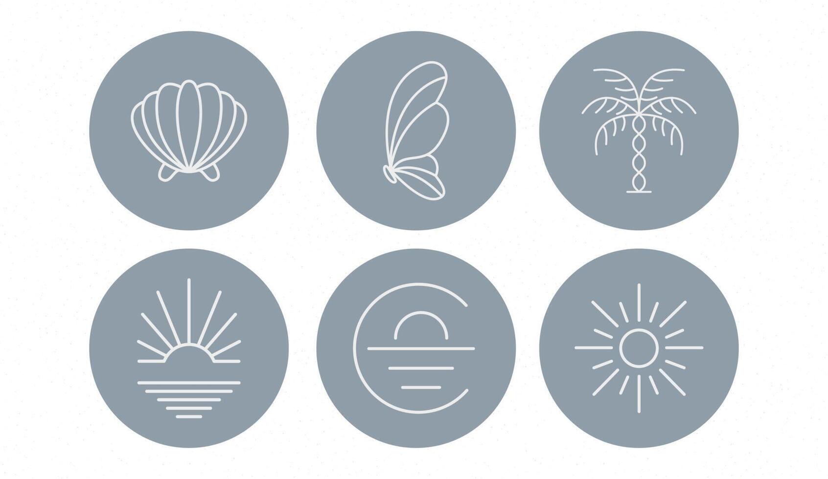 Summer badges with clockwork seashells, flowers and hands in circles. Vector illustration. Set of icons and emblems for social media news covers. Design templates for yoga studio