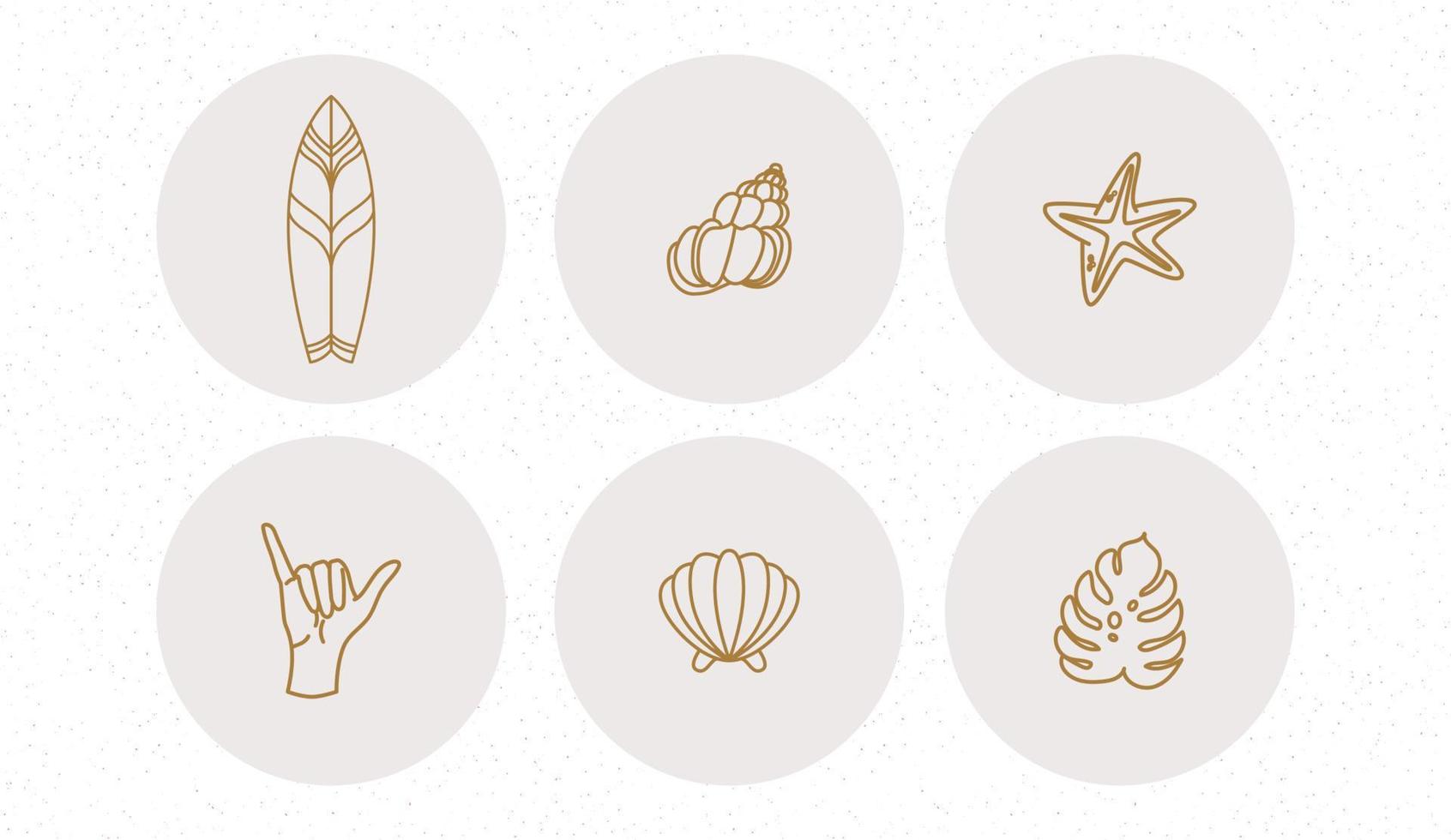 Summer badges with clockwork seashells, flowers and hands in circles. Vector illustration. Set of icons and emblems for social media news covers. Design templates for yoga studio, tourism