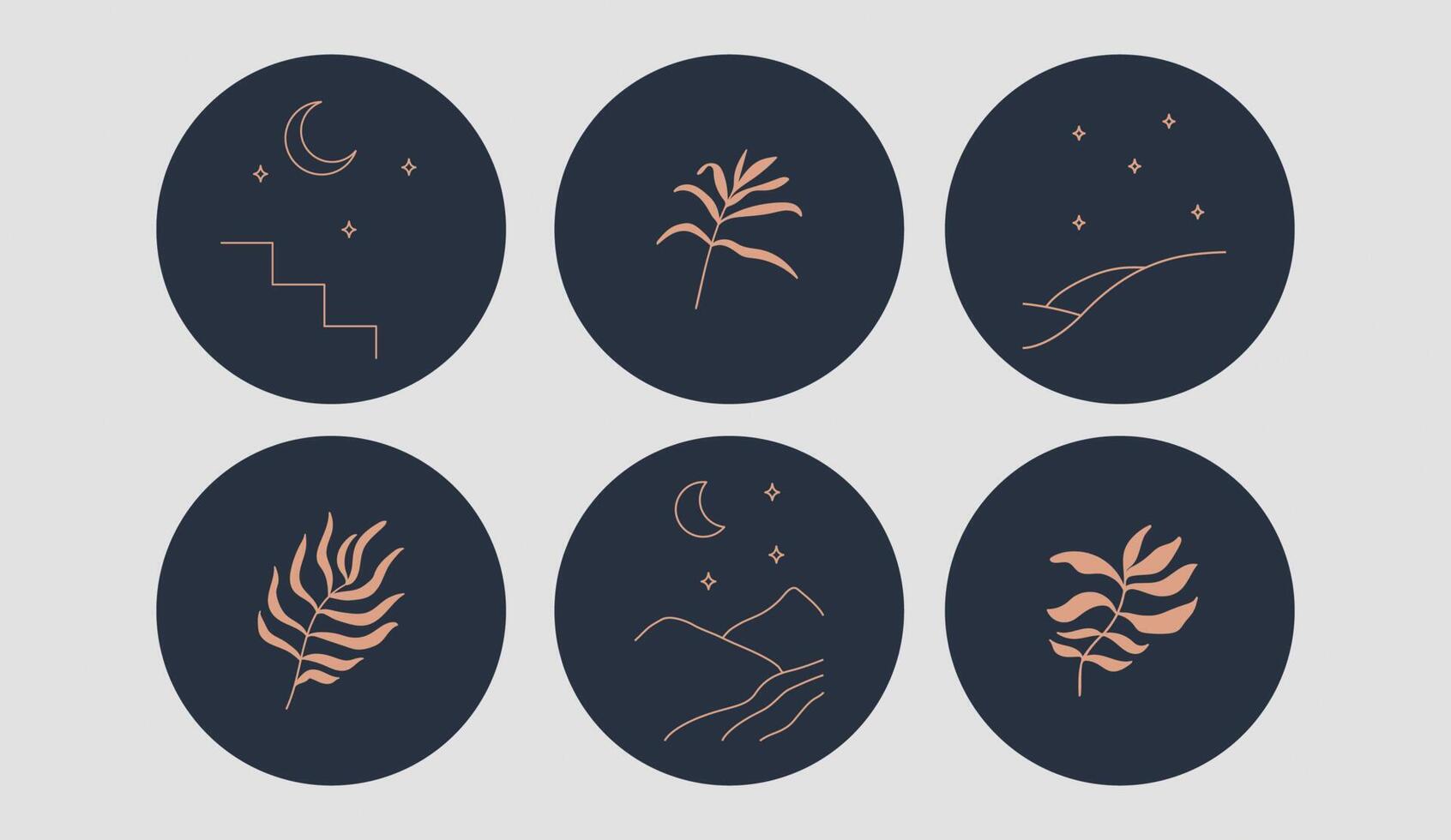 Set of social media news cover icons and emblems in linear gold style. Design templates for yoga studio, tourism, beauty salons. Vector illustration.