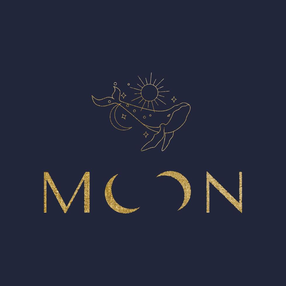 Logo template in linear golden style. Whale with the moon. Esoteric illustration with moon and stars vector