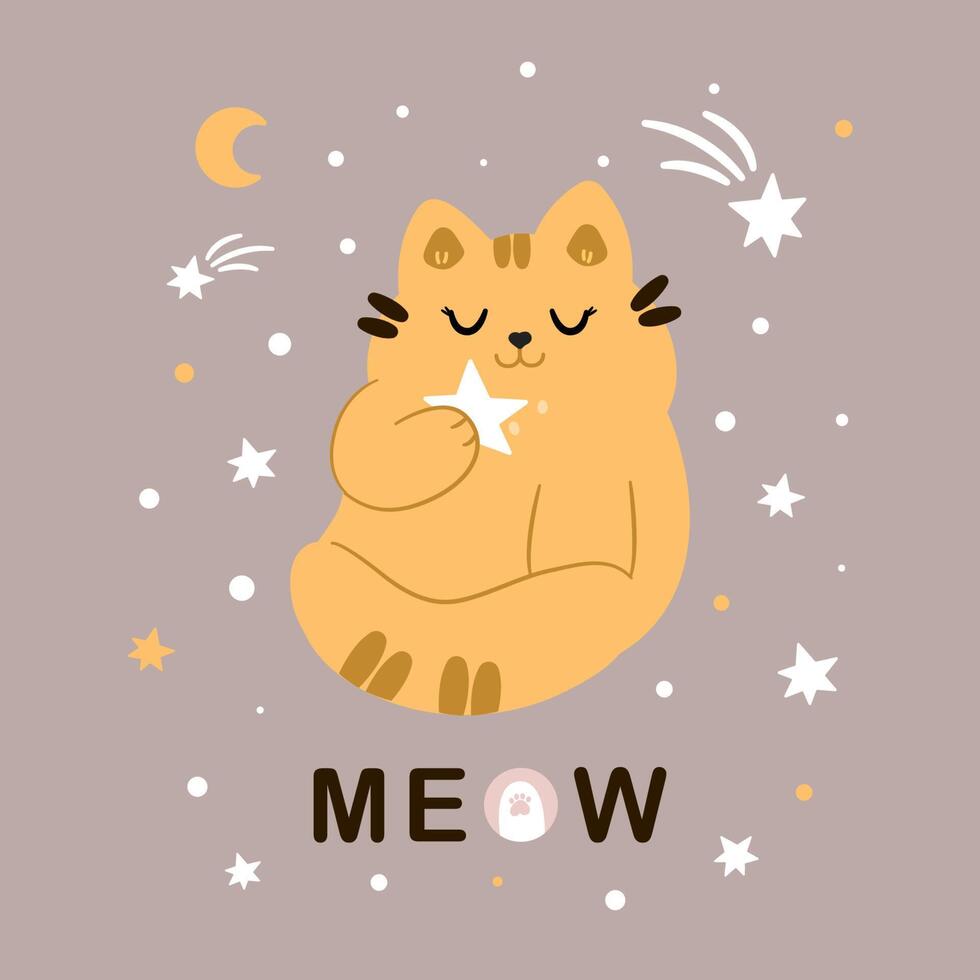 lindo gato rojo feliz está soñando entre las estrellas. ilustraciones infantiles. estilo de dibujos animados planos para baby shower, tienda de bebés, libros maullidos. vector