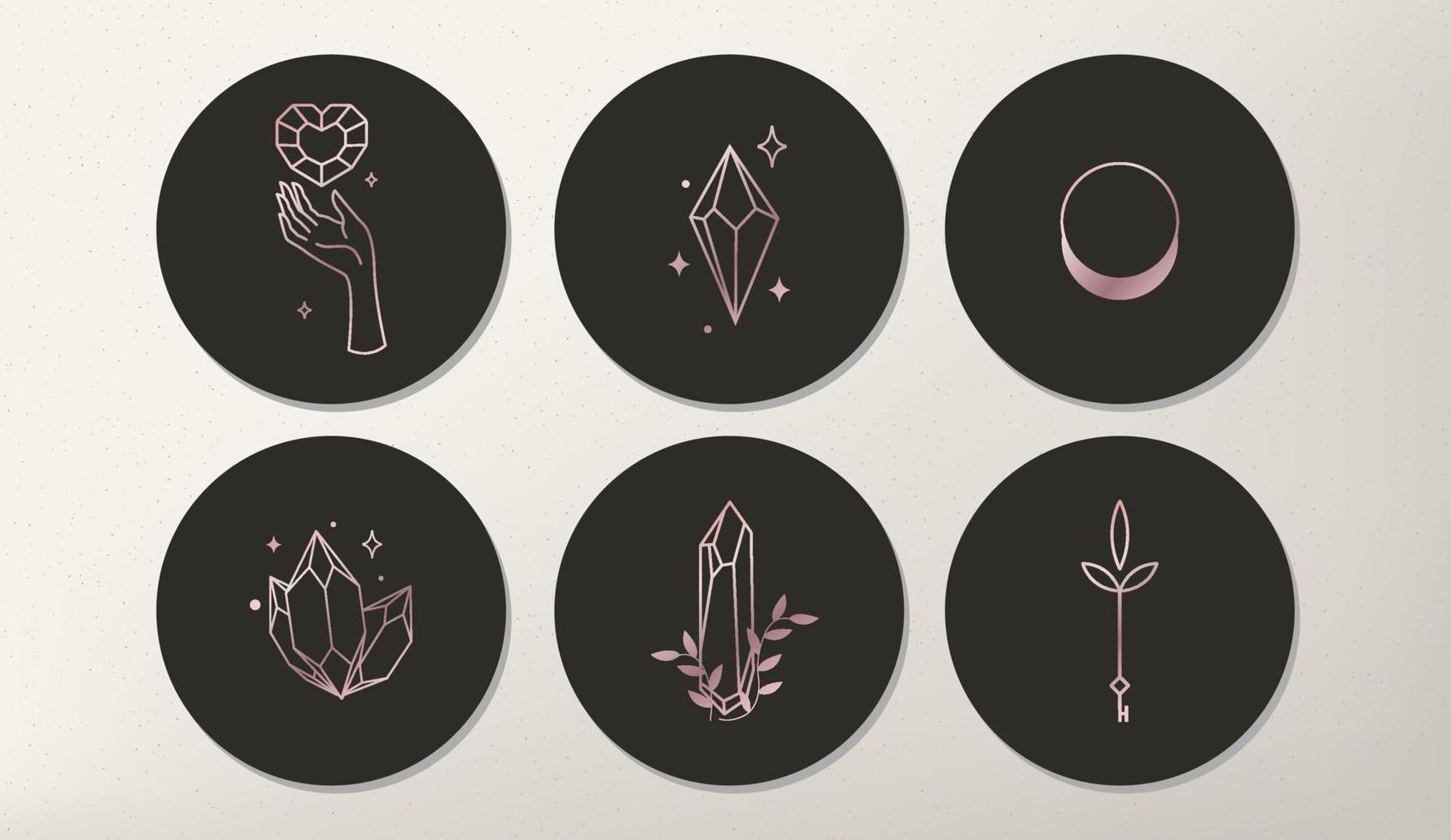 conjunto de íconos y emblemas para portadas de noticias de redes sociales con elementos místicos de cristales. plantillas de diseño para astrólogo de estudio de yoga, turismo, salones de belleza vector