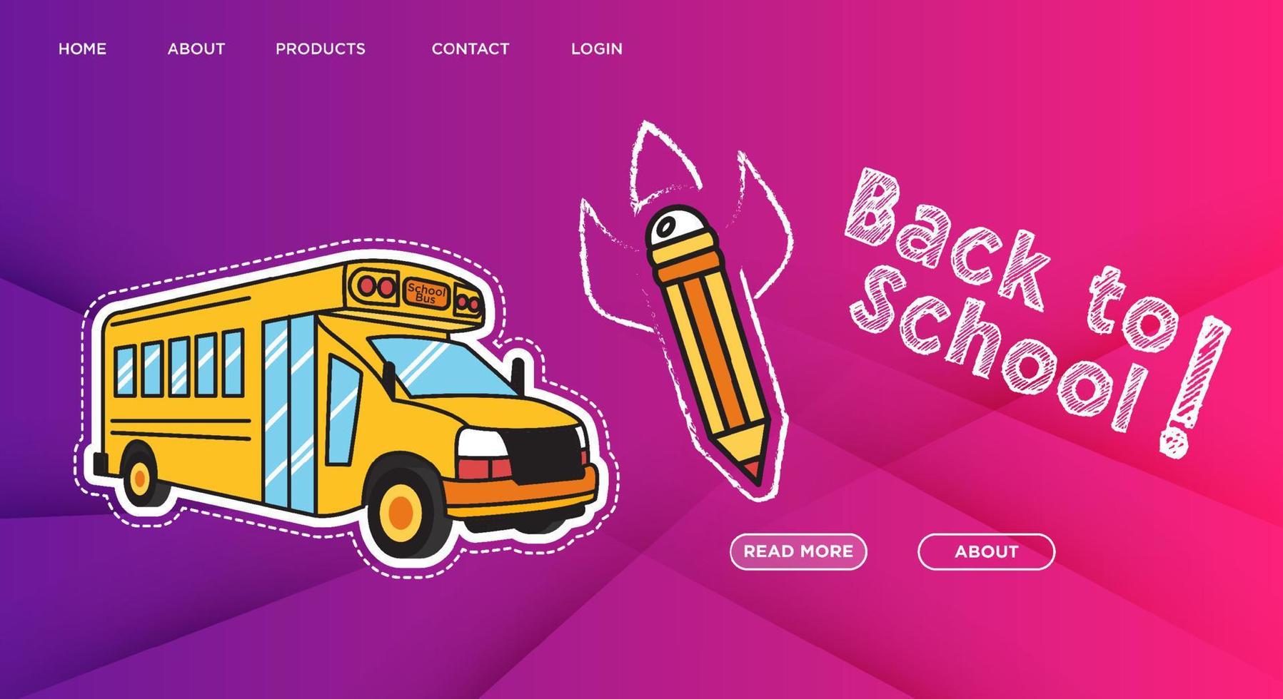 Back to school vector illustration with scene with school building and bus traveling to school.