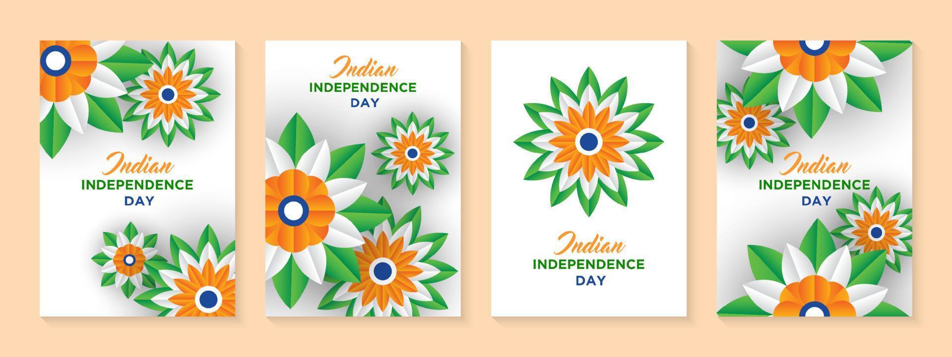 diseño de vacaciones del día de la independencia india. Ruedas 3d, flores con hojas en tricolor tradicional de bandera india. estilo de corte de papel. vector