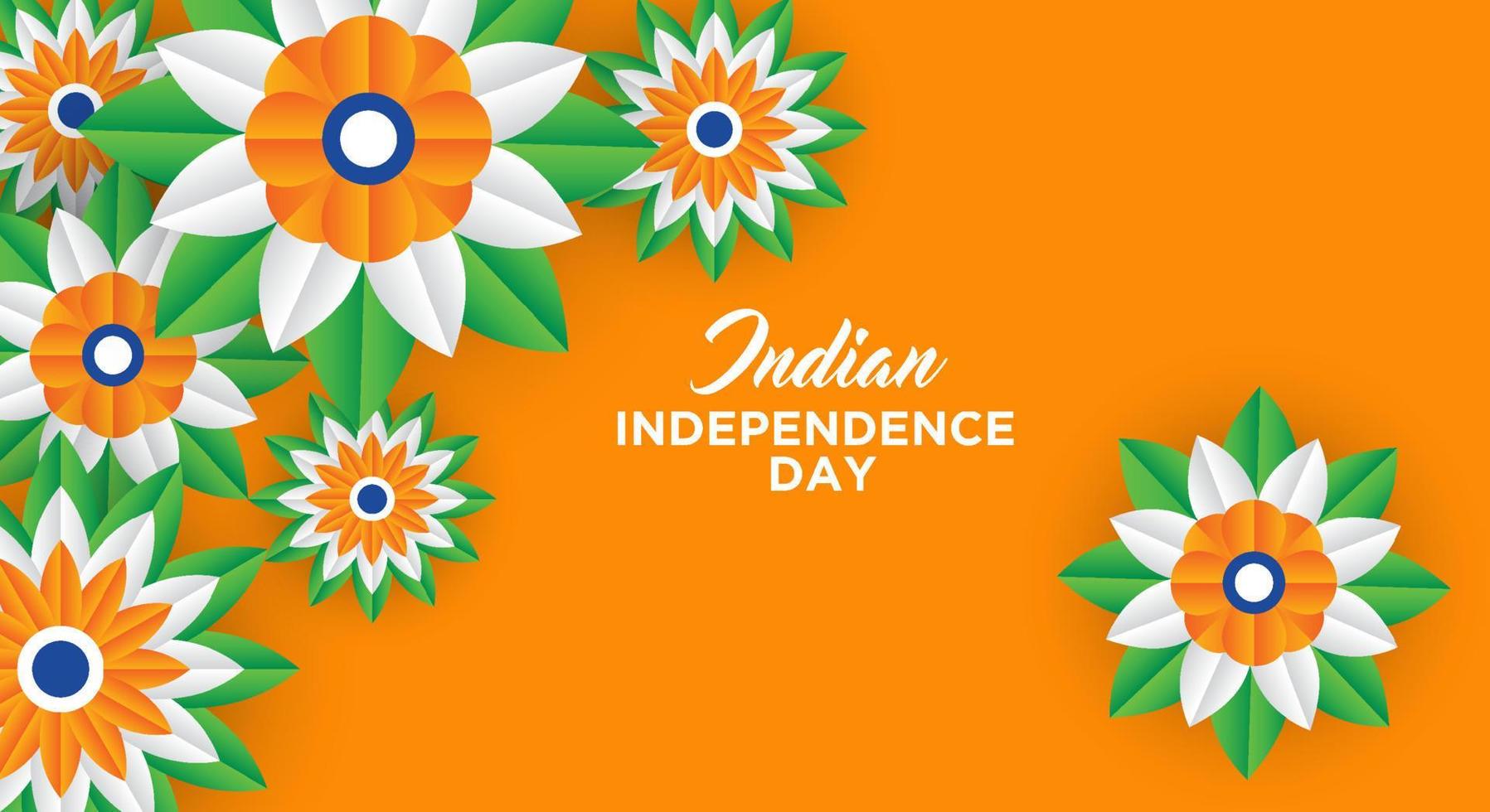 Indian Independence day holiday design. 3d wheels, flowers with leaves in traditional tricolor of indian flag. Paper cut style. vector