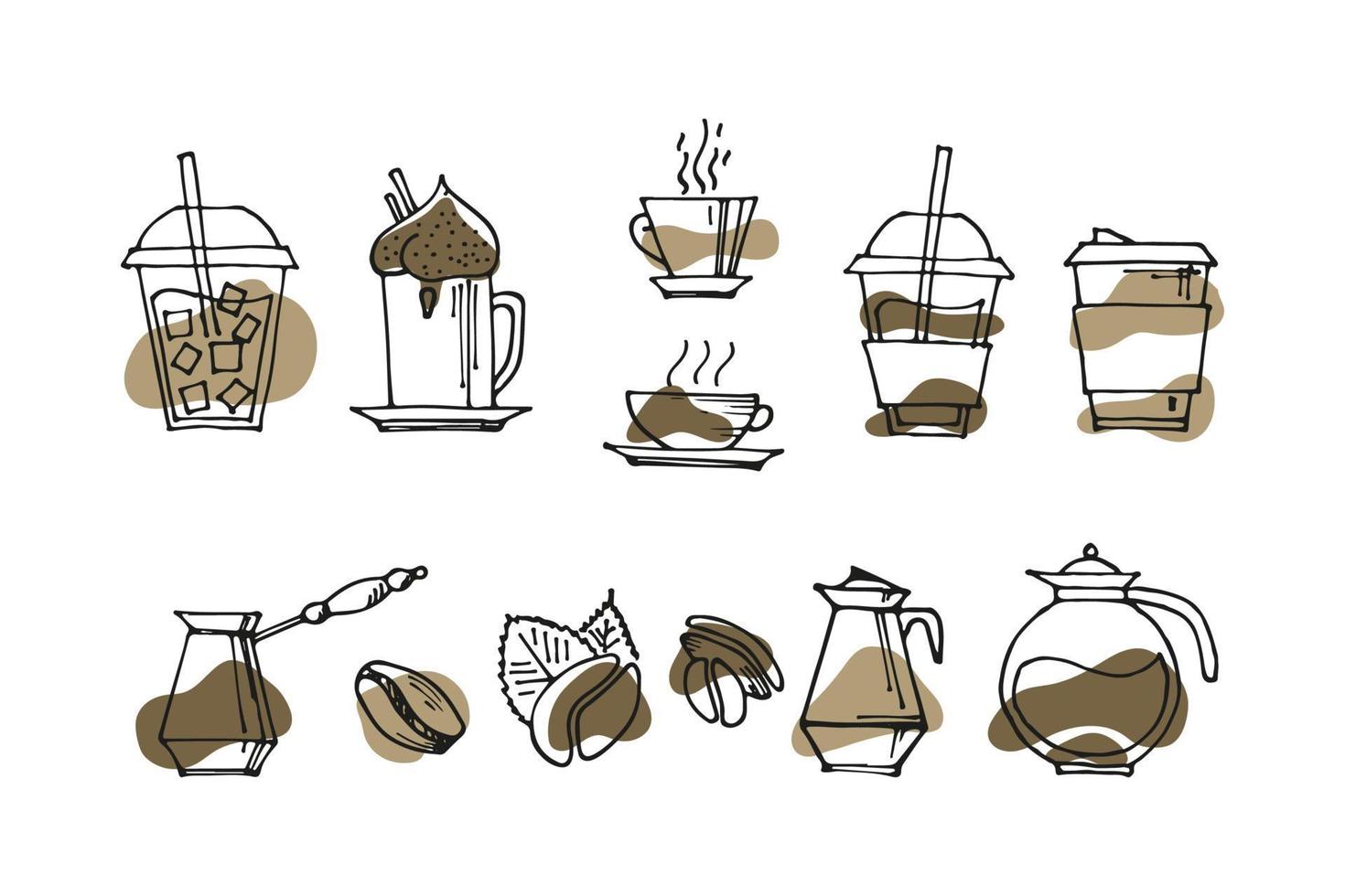 set of hand drawn coffee doodles drinks, desserts, beans and other related objects. Vector sketch illustration background