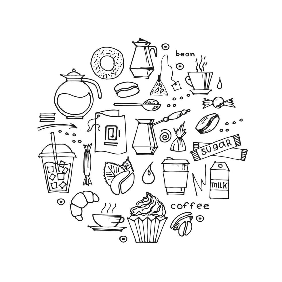 set of hand drawn coffee doodles drinks, desserts, beans and other related objects. Vector sketch illustration background