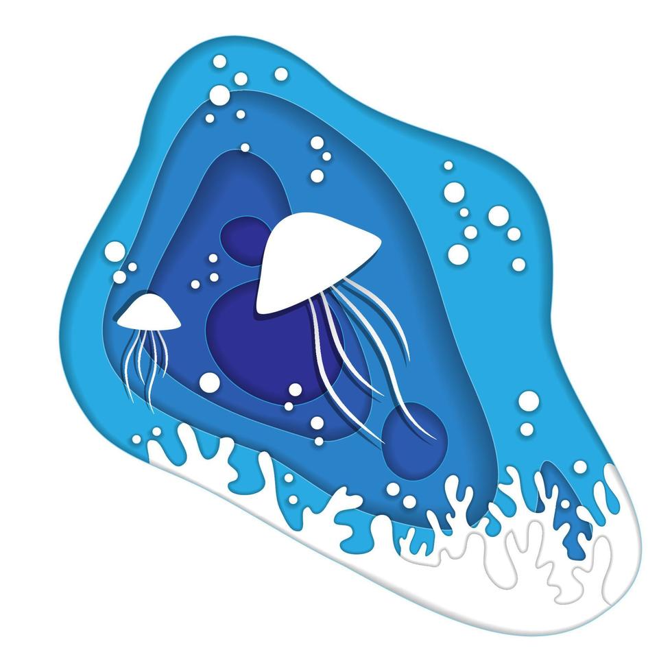 Vector illustration with picture of jellyfish underwater. Paper cut style