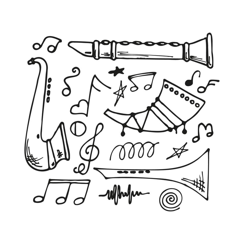 doodle set musical instruments. Vector hand drawn illustration