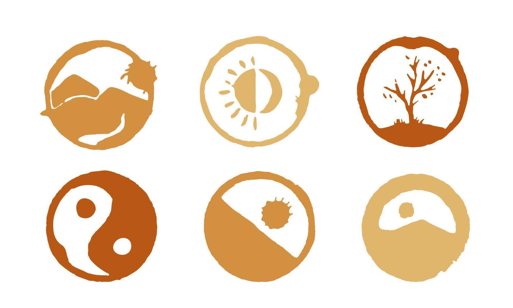 Coffee or tea black spots. Coffee spots with picture of nature. Dirty cup splash three rings stain or coffee stamp. Vector Illustration for cafe design