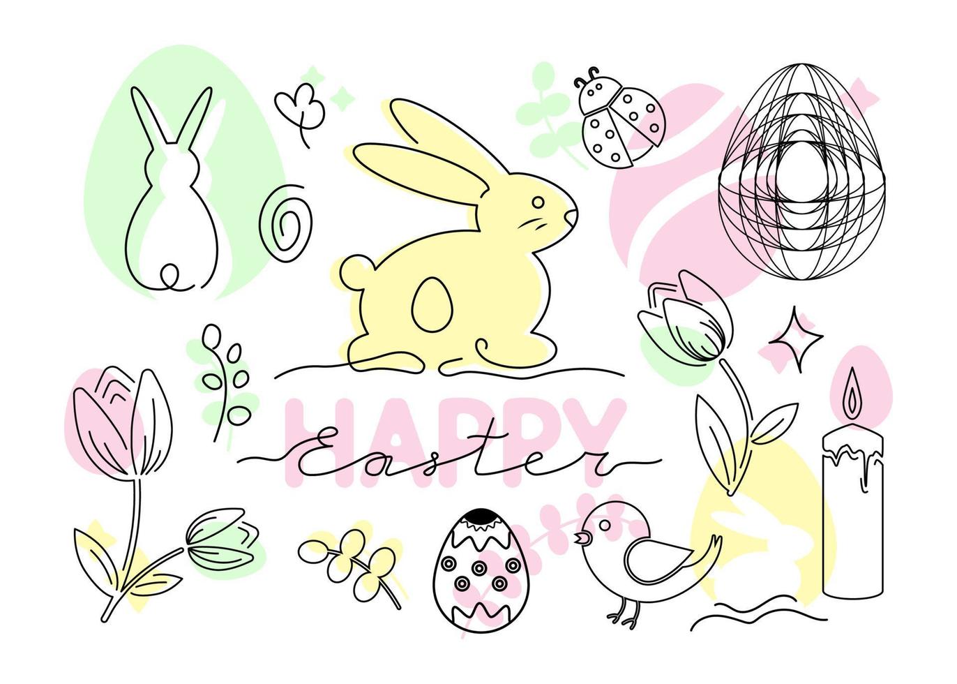 Happy Easter. set vector single line art. Postcard with picture of bunny and eggs silhouette.  Spring outline illustration