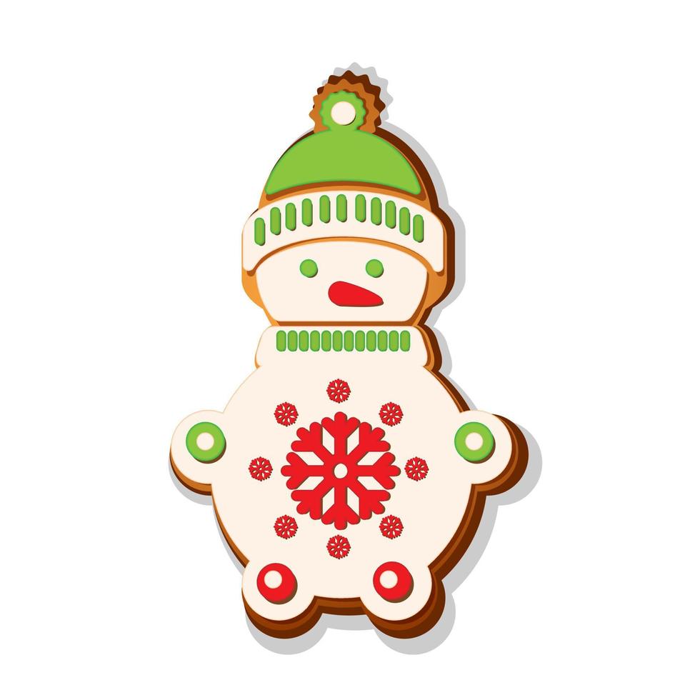 Merry Christmas. Christmas gingerbread cookies with picture of snowman. Winter holiday food. Vector illustration