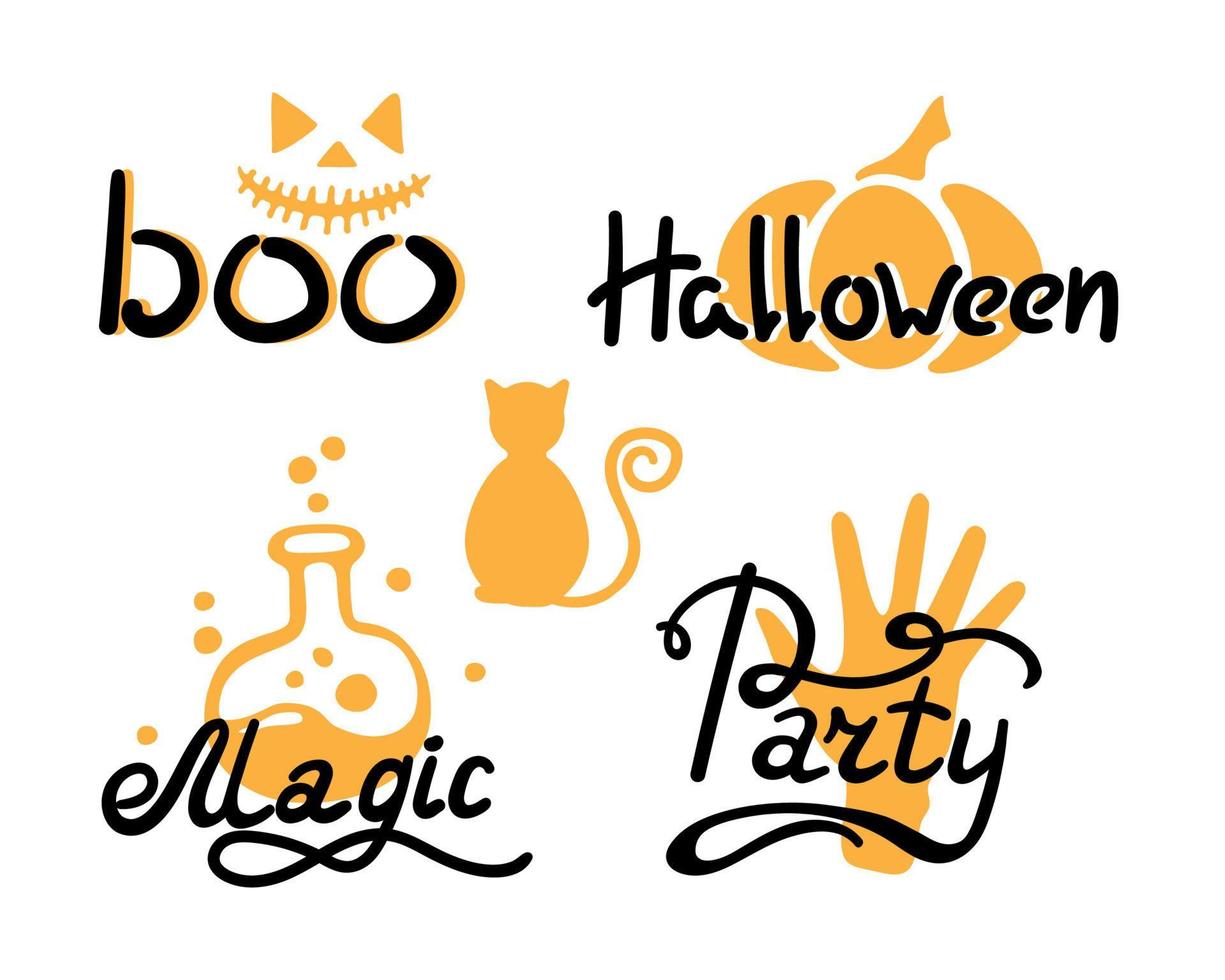 Happy Halloween party calligraphy. Holiday Handmade vector lettering. Text on different symbol background