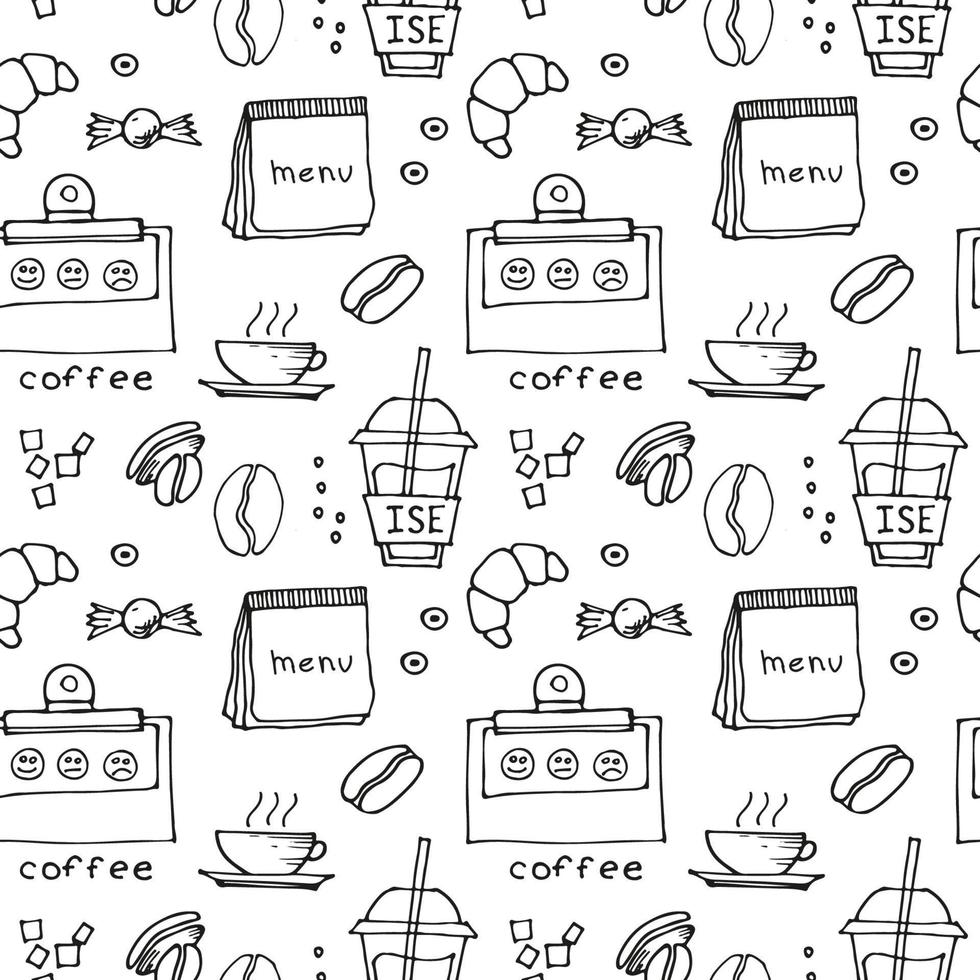 hand drawn coffee doodles drinks, desserts, beans and other related objects. Vector seamless pattern