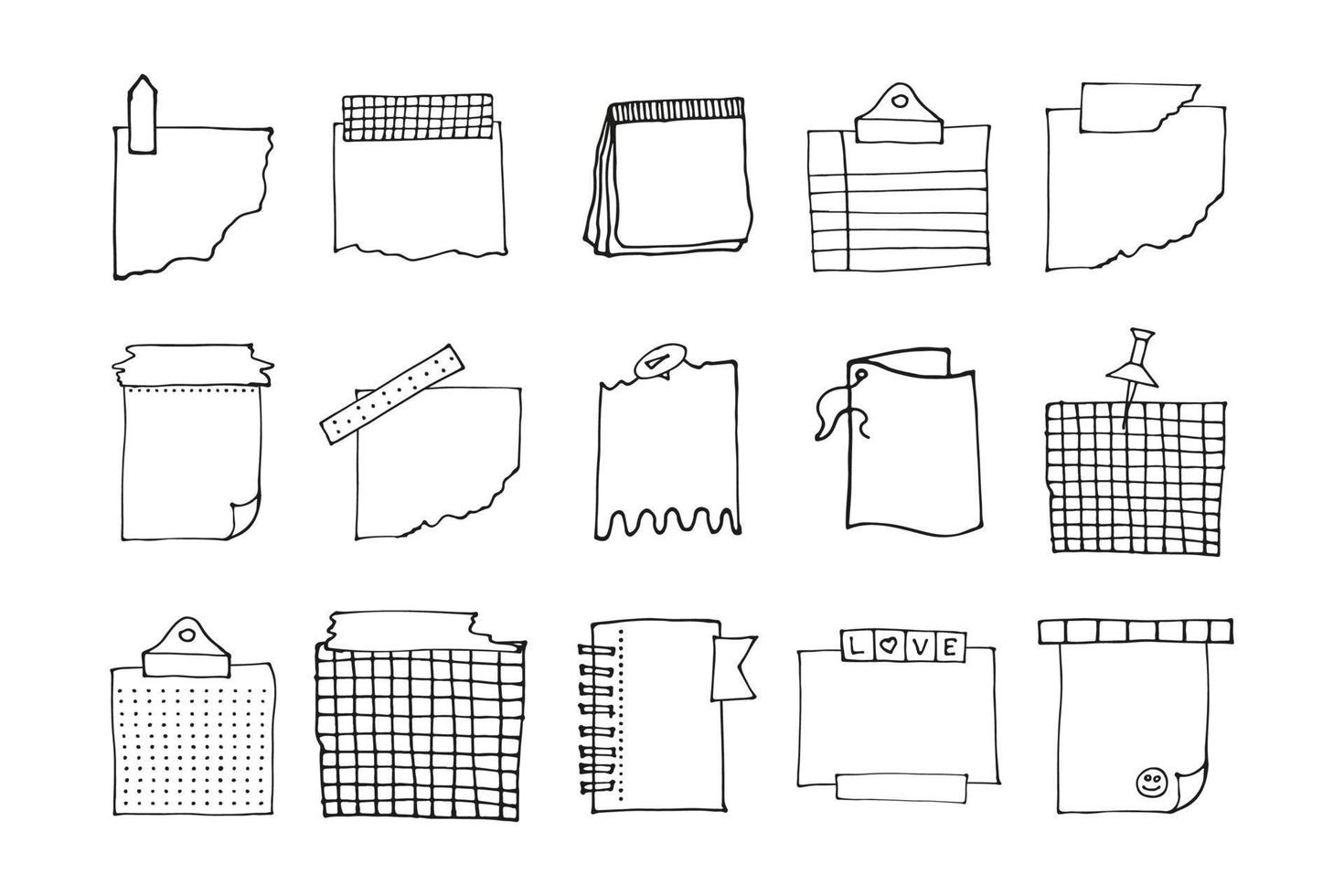 Blank reminder paper notes, planner doodle collection. Vector hand drawn sketch illustration