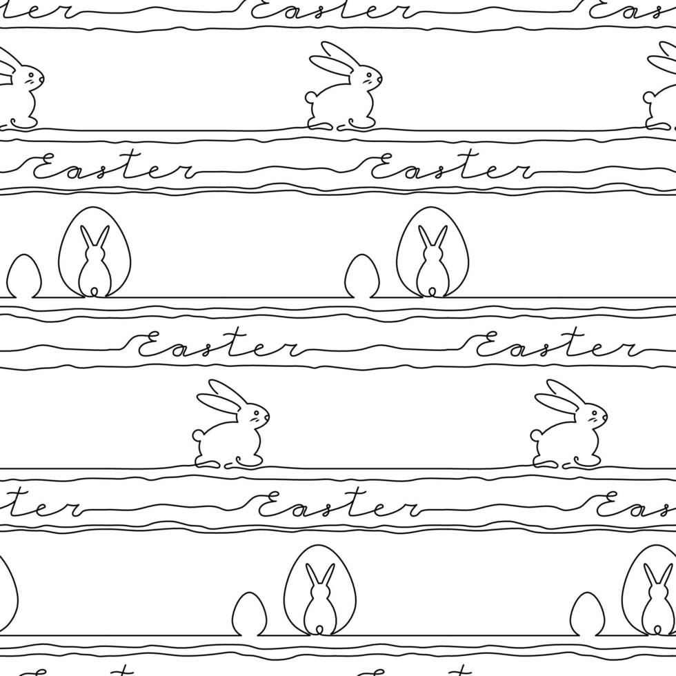 Happy Easter. Vector seamless pattern. Outline bunny background. Line art illustration. Text and rabbit single line.