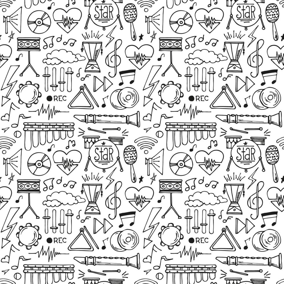 música de fondo abstracta, con grabadora, silueta en forma de círculo. vector doodle seanless patrón instrumentos musicales. ilustración dibujada a mano