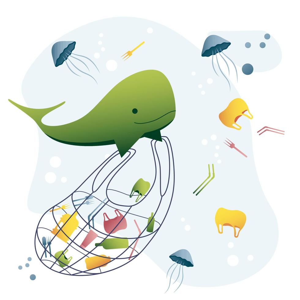 International ocean day. Earth day, the Day of the planet. Cute whale picks up trash in the sea. vector