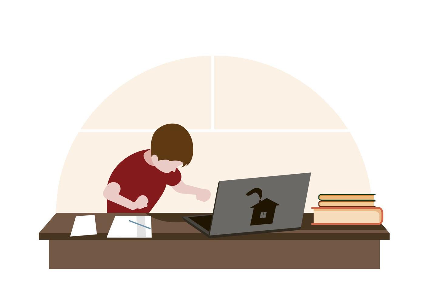 Home working. A tired people sits and works inside the house. Distance communication with friends. Team work. vector