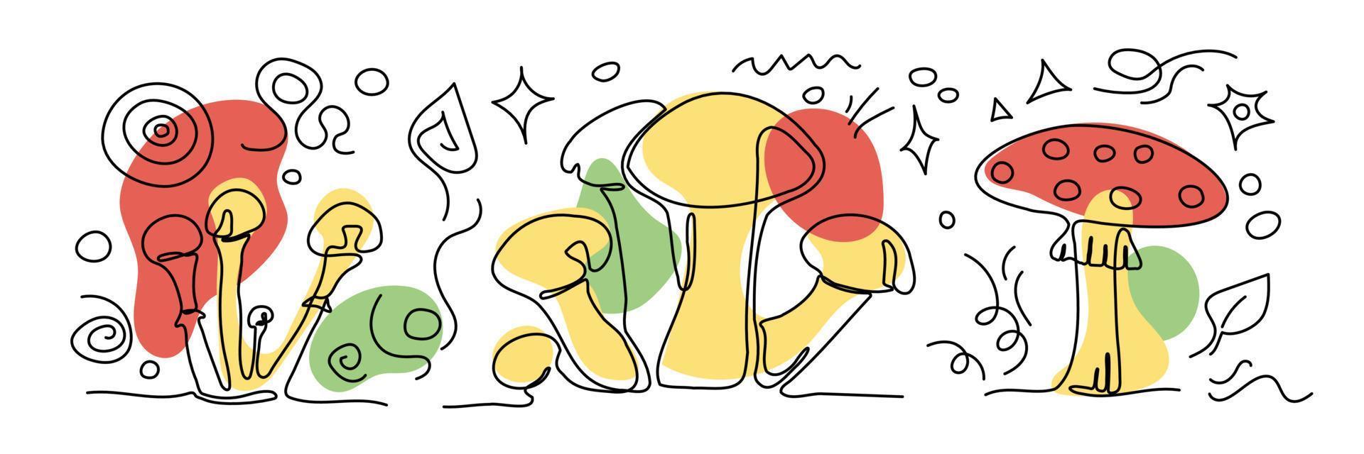 setas mágicas del bosque de arte lineal. boletus, contorno y manchas de agárico de mosca y agárico de miel clipart vector