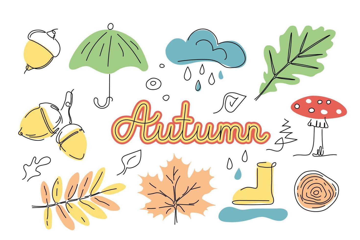 Line drawing vector autumn leaves and symbols. Spots foliage rowan, oak, maple. Minimalism outline art on color spots. Magic fall