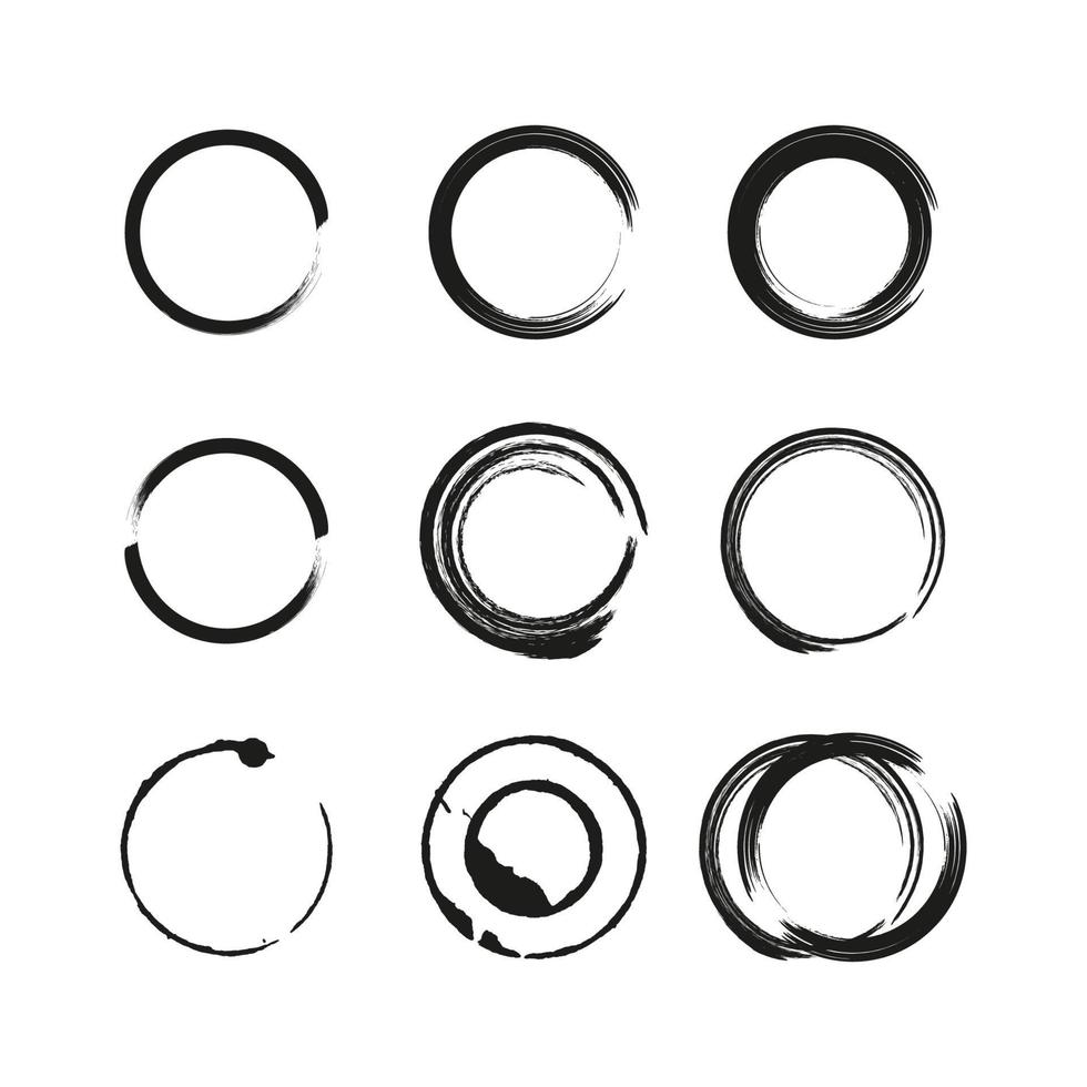 Grungy circle blob spots. Set of black round vintage frames. Vector strokes illustration.
