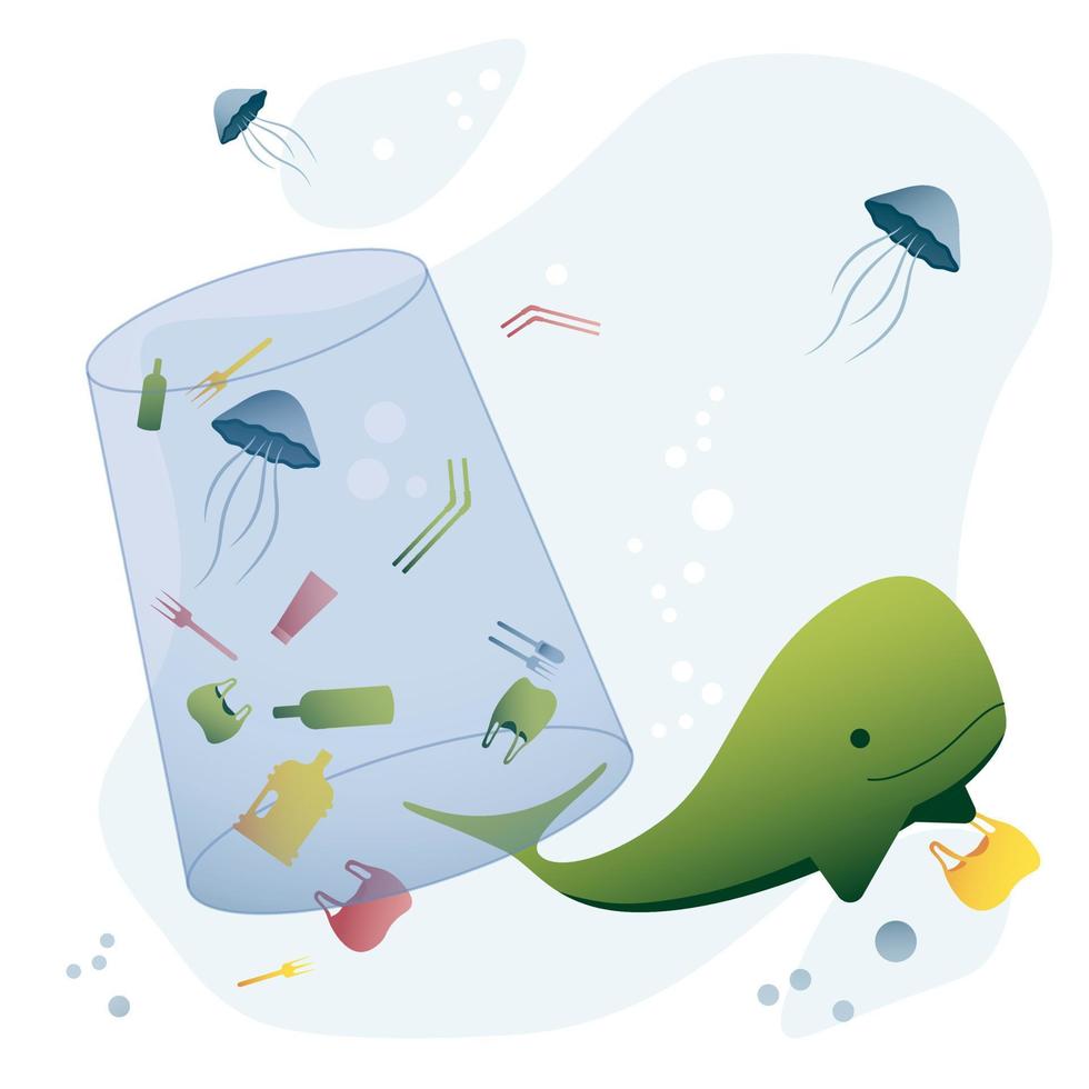 International ocean day. Earth day, the Day of the planet. Cute whale picks up trash in the sea. vector