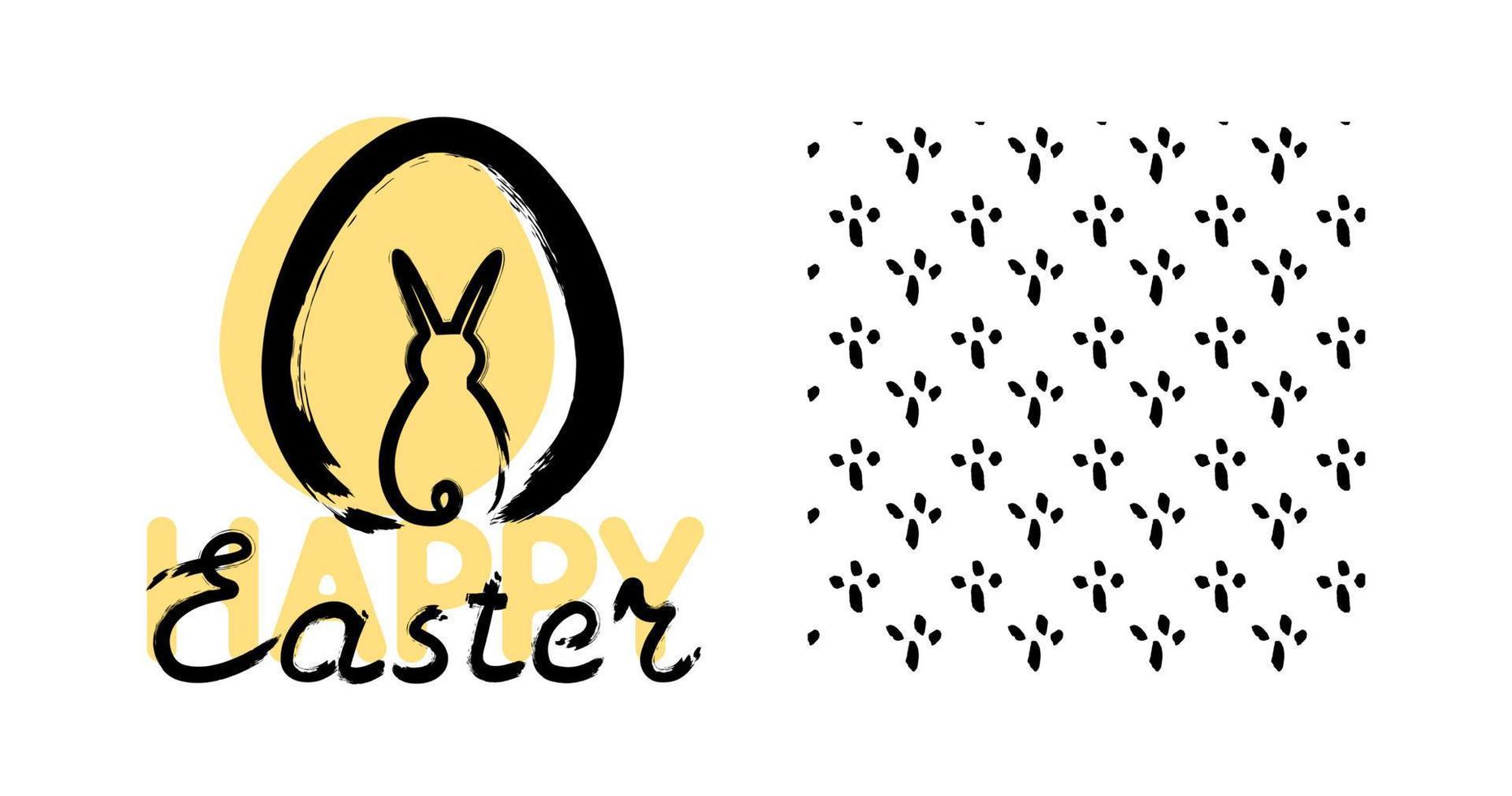 Vector black silhouette Bunny in eggs. Happy Easter. Brush strokes hand drawing of a rabbit. Seamless pattern with step stamp