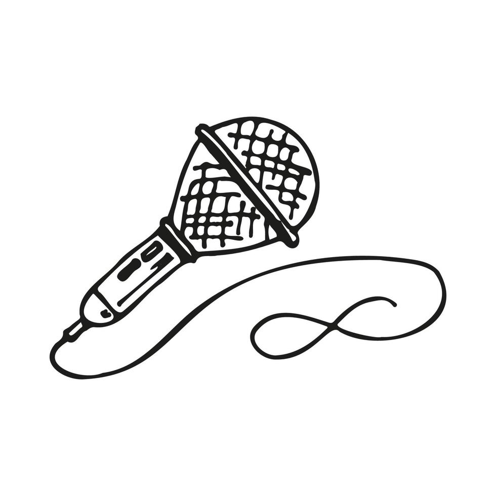 Doodle microphone with musical notes for karaoke. Vector icon in sketch style.