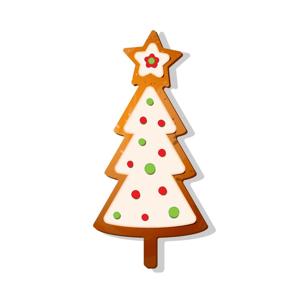 Merry Christmas. Christmas gingerbread cookies with picture of tree. Winter holiday food. Vector illustration